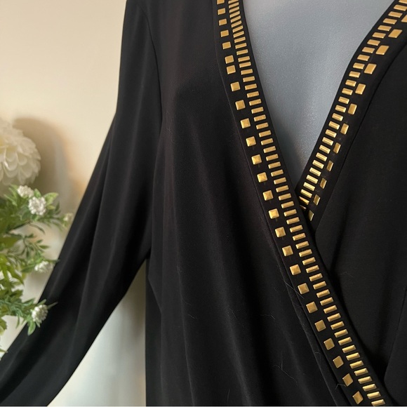 Black Frank Lyman gold stud detail stretchy black faux wrap midi dress - Picture 3 of 9